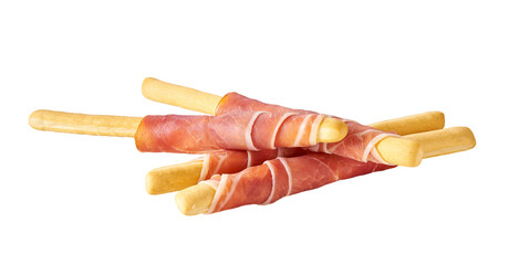 italian stick bread grissini with parma ham prosciutto, traditional breadsticks with prosciutto isolated on white background full depth of field.