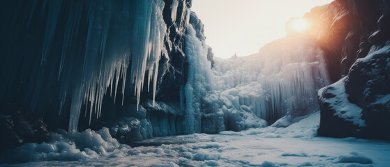 Enchanting frozen cave with icicle formations and snow, illuminated by a warm sunset glow creating a stark contrast. - obrazy, fototapety, plakaty