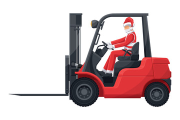 Santa Claus driving a red forklift. Safety when handling lift truck. Christmas campaign for cargo logistics and shipping of high demand merchandise for the Christmas season