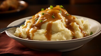 A luscious swirl of golden-brown gravy elegantly cascading over a mound of mashed potatoes, creating a mouthwatering masterpiece.