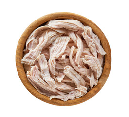 Boiled shredded chicken meat in a wooden bowl isolated on a white background.