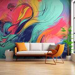 Colorful Chair in Decorative Living Room with Mural Wall