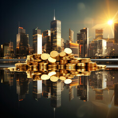 City Skyline with a Bank Building and Financial Growth Graph