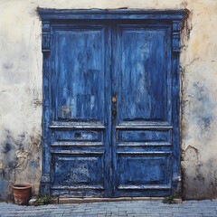 Weathered Blue Door in Old Residential District