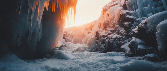 Beautiful frozen canyon with icicle formations and snow, illuminated by a warm sunset glow creating a stark contrast.