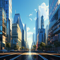 Nighttime Cityscape with Illuminated Skyscrapers and Reflection