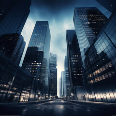 Nighttime Cityscape with Illuminated Skyscrapers and Reflection