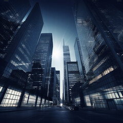 Nighttime Cityscape with Illuminated Skyscrapers and Reflection
