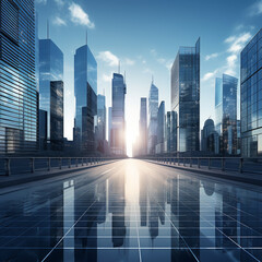 Nighttime Cityscape with Illuminated Skyscrapers and Reflection
