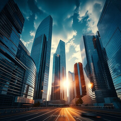 Nighttime Cityscape with Illuminated Skyscrapers and Reflection