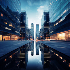 Illuminated Skyline Reflecting on Water in Metropolitan City