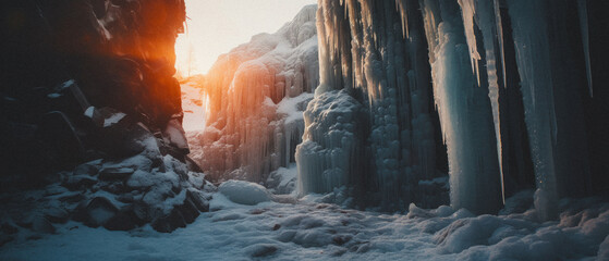Beautiful frozen canyon with icicle formations and snow, illuminated by a warm sunset glow creating a stark contrast. - obrazy, fototapety, plakaty