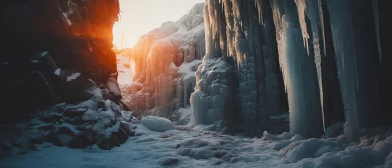 Deurstickers Beautiful frozen canyon with icicle formations and snow, illuminated by a warm sunset glow creating a stark contrast. © Anton Moskovchenko