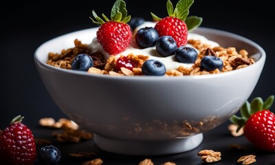 Delicious Bowl of Granola with Yogurt with Berries Isolated on a Background. Generative AI