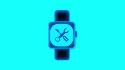 Smartwatch with tools icon animated on screen against a teal background.