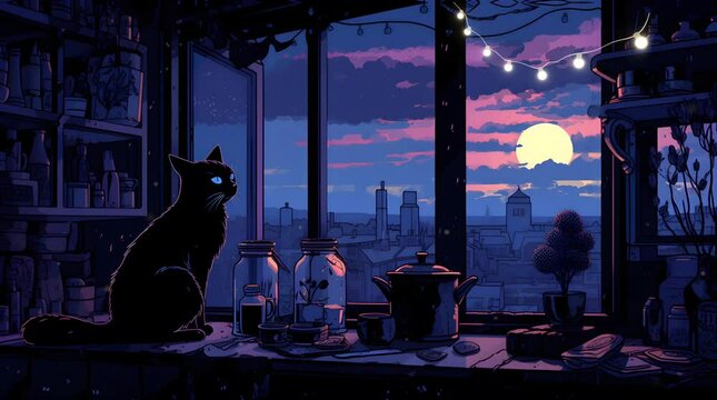 cat in kitchen with pot and cup, in the style of anime aesthetic seamless animated looping video