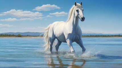 Obraz na płótnie Canvas A majestic white horse gracefully standing in calm waters, captured in high definition against a pristine white background, showcasing the beauty of nature in exquisite detail.