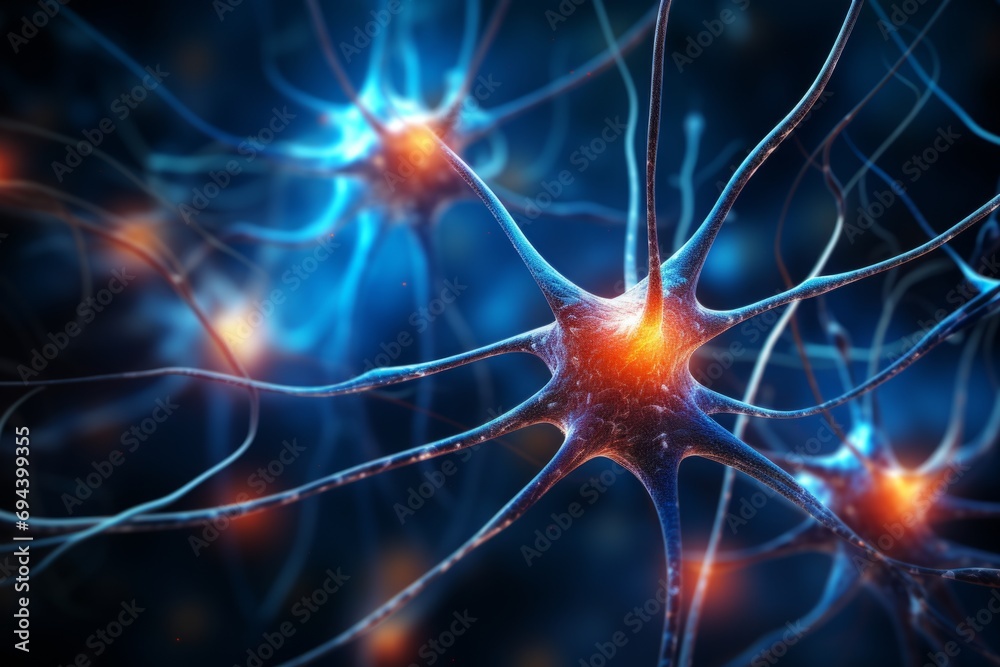 Wall mural neuron cells neural network under microscope neuro research science brain signal information transfe