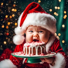 Baby santa claus with christmas cake