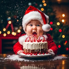 Baby Santa Claus with cake