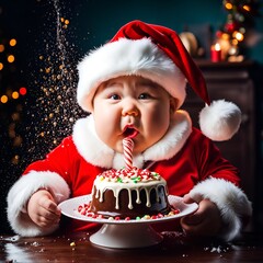 child in santa hat with christmas cake