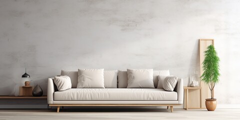 Fototapeta na wymiar Contemporary living room with chic cozy sofa. Banner creation.