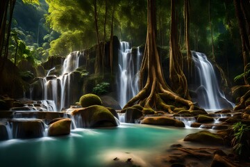 A breathtaking waterfall situated in a deep forest in Thailand.