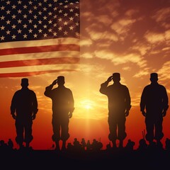  Silhouette of saluting USA soldiers holding flag against sunset background. - 694401787