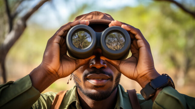 African Man wearing safari hat with binoculars in savannah.