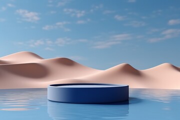 3D display podium background. Nature blue sky minimal stand pedestal. Wavy water. Beauty, cosmetic...