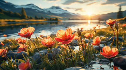 Spring Wildflowers in the Glow of a Mountain Lake Sunset