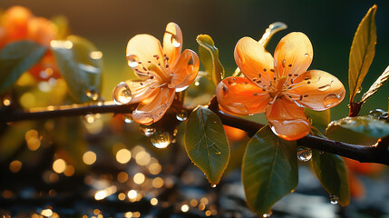 Spring Blossoms With Water Dew Drops in  Sunrise