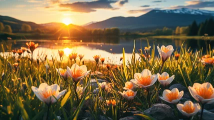 Fototapeten  Spring Wildflowers in the Glow of a Mountain Lake Sunset © KAI
