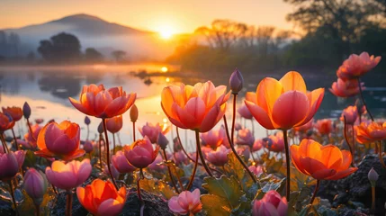 Fotobehang Blooming Tulips Flowers At Sunset near The Lake © KAI
