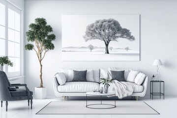 A modern living room with a white theme, featuring a comfortable sofa and elegant decor