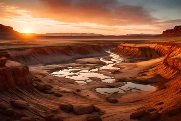 Foto op Plexiglas Eroded landscape of middens and creek beds at sunset © Muhammad