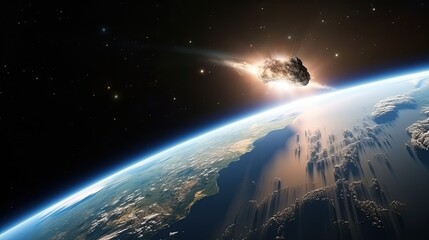 Obraz premium Space photograph of an asteroid entering the earth's atmosphere. It heats up and breaks down into fragments. Cosmic threat to Earth civilization.