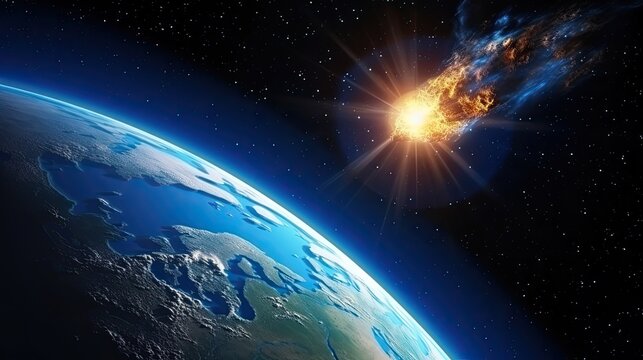 Space photograph of an asteroid entering the earth's atmosphere. It heats up and breaks down into fragments. Cosmic threat to Earth civilization.