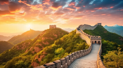 The Great Wall of China at the sunrise. Ai generative.