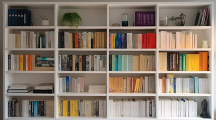 White wooden bookcase filled with books in a home setting. Ai Generative.