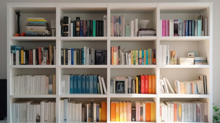 White wooden bookcase filled with books in a home setting. Ai Generative.
