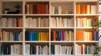 White wooden bookcase filled with books in a home setting. Ai Generative.