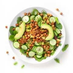 healthy vegan lunch bowl with Avocado, mushrooms, broccoli, spinach, chickpeas, pumpkin on a light background. vegetables salad. Top view.