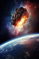 Space photograph of an asteroid entering the earth's atmosphere. It heats up and breaks down into fragments. Cosmic threat to Earth civilization.