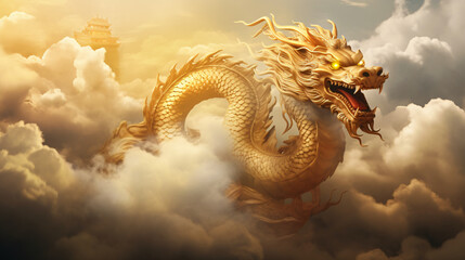 Golden Chinese dragon taking off in illustration - obrazy, fototapety, plakaty