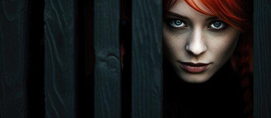 Red-haired enchantress woman in black carnival costume peeks out from behind a fence or wooden wall on All Saints' Day. - Powered by Adobe
