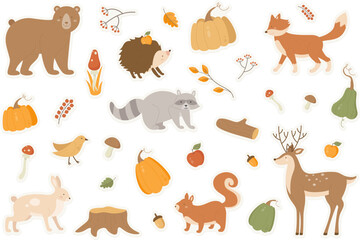 Autumn animals vector illustration sticker pack set. Cartoon flat forest fall season collection with raccoon bear deer hare hedgehog fox characters, tree branches autumnal mushrooms, pumpkin isolated