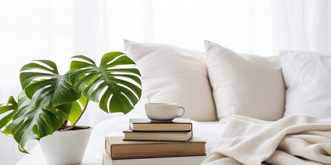 Stylish Scandinavian interior with velvet and linen cushions on vintage bench and table. Coffee cup on pile of books with monstera plant. White wall, blurred bed.