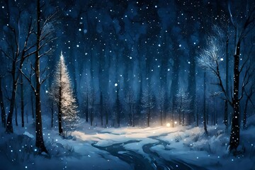 In a starry, snowy forest with lights, snow is falling at night.