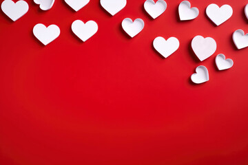 Red hearts background, paper cut romantic concept, top view. Beautiful cute hearts on red table
